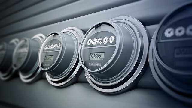 Gray electric meters standing in a row. 3D illustration