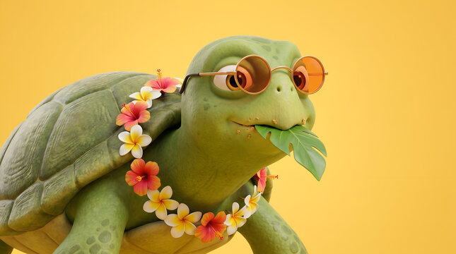 Sea turtle wearing sunglasses and flower lei on yellow background
