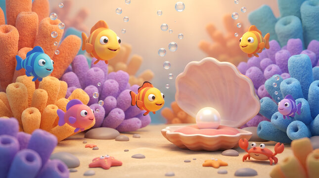3D cartoon underwater scene with colorful fish and glowing pearl