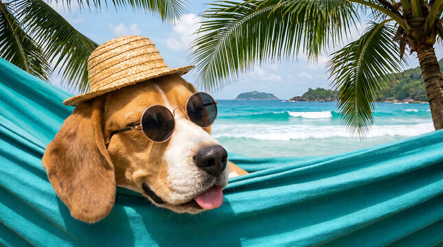 Dog wearing straw hat and sunglasses relaxing in beach hammock