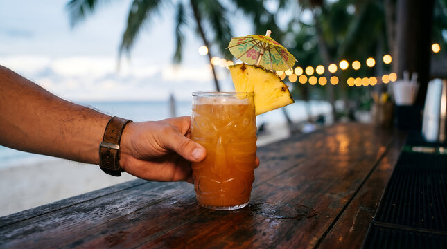 Hand holding tropical cocktail on wooden bar at beach during sunset