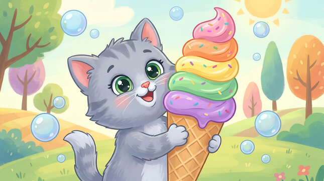 Cartoon kitten holding giant colorful ice cream cone in fantasy landscape