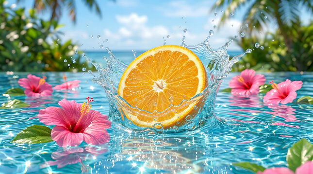 Fresh orange slice splashing in blue water with pink hibiscus flowers