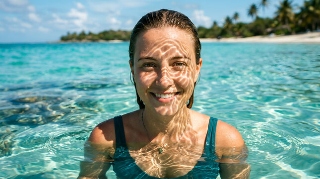 Smiling woman swimming in clear blue ocean during summer vacation