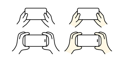 横向きのスマートフォンと手のイラスト｜モノクロとカラーのセット © pinoko