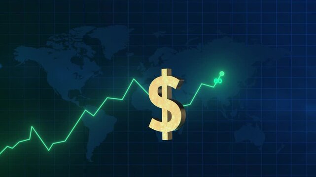Golden US Dollar Currency Symbol Rotating with Rising Green Stock Market Line Chart and World Map Grid Background, animation 4k.