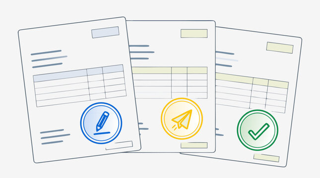 Invoice status infographic featuring three stacked billing documents stamped draft, sent and paid with pencil, paper plane and checkmark icons, flat vector finance workflow for accounts receivable