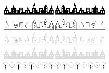 Obraz premium City Skyline Silhouettes In Black And White Line Art On White Background