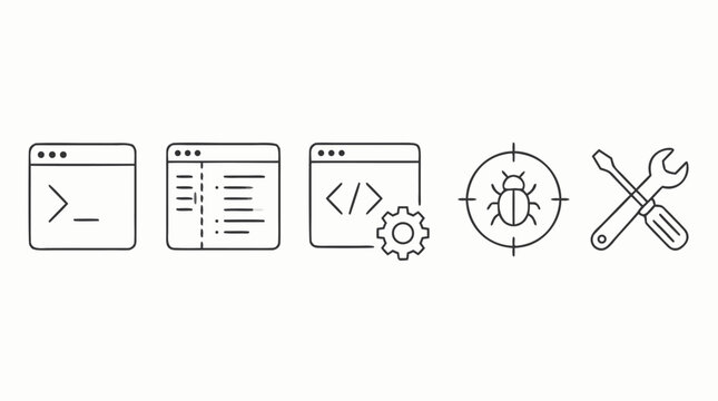 Minimalist line icon set for developer tools, terminal windows, code editor, compiler, debugger, bug targeting, maintenance toolkit and editable software engineering vector symbols