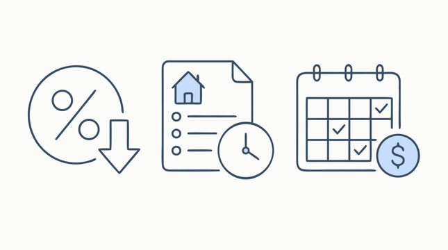 Slim line vector icons showing falling interest rate, mortgage lending terms, payment timetable, loan document, calendar checks, clock and dollar coin for finance planning and credit services