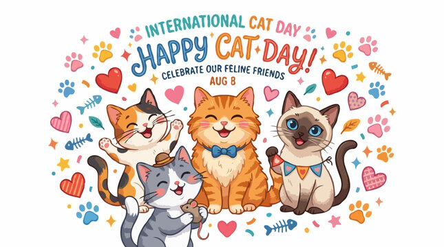 Happy Cat Day illustration celebrating our feline friends with four cute cats surrounded by colorful decorations. The text reads International Cat Day, Happy Cat Day!.