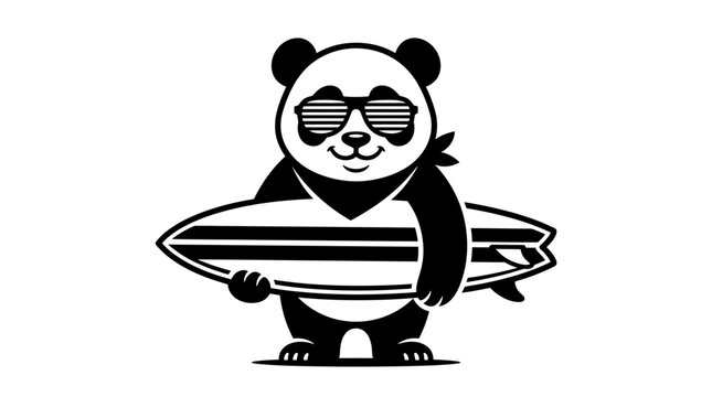 Cartoon panda wearing sunglasses with surfboard icon