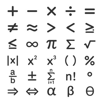 Mathematical symbols collection: arithmetic, algebra, calculus, geometry, greek letters.