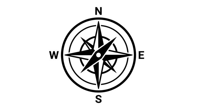 Black and white compass rose icon with cardinal directions N, S, E, W