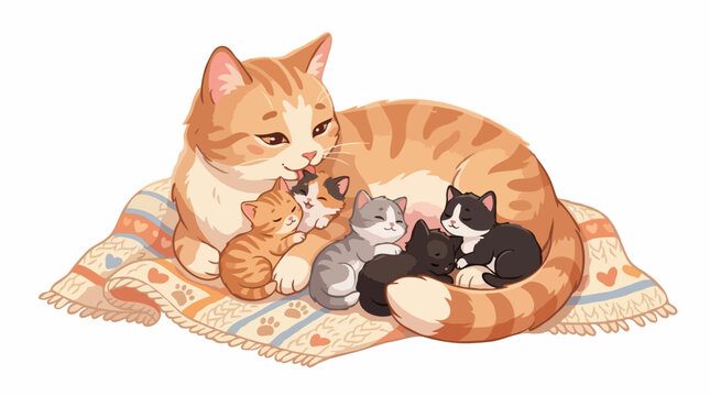 A loving mother cat cuddles with her four adorable kittens, all snuggled together on a cozy blanket. The mother cat, with her orange tabby coat, gently grooms one of her little ones.