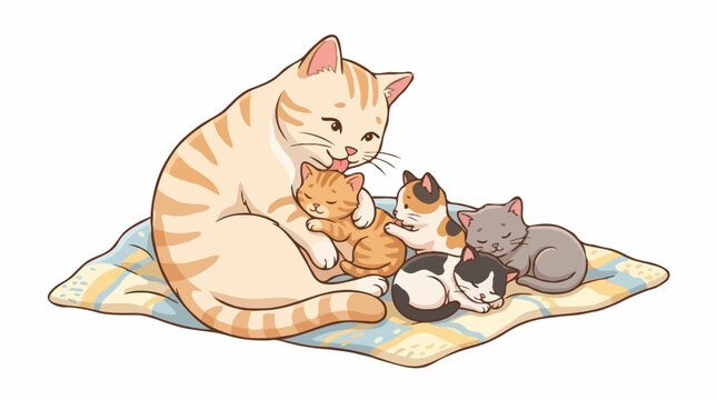 A mother cat tenderly grooming her kittens on a colorful blanket. The illustration captures a heartwarming moment of feline affection and family bonding.