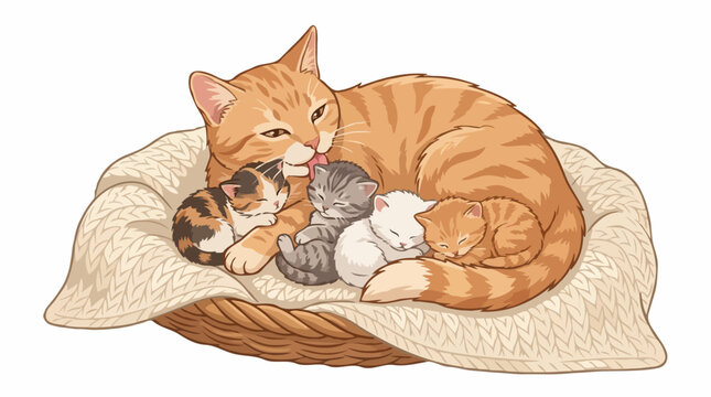 A mother cat lovingly grooms her four sleeping kittens nestled in a cozy basket. The kittens are of various colors and patterns, snuggled close to their mother.