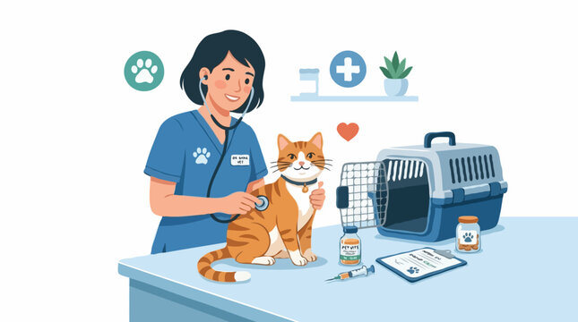 A veterinarian examines an orange tabby cat with a stethoscope in a clinic setting. The cat sits on a table next to a pet carrier, medical supplies, and a clipboard.