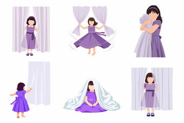 Set of flat vector illustrations of a little girl in a purple dress playing with white curtains, peeking, spinning and hiding