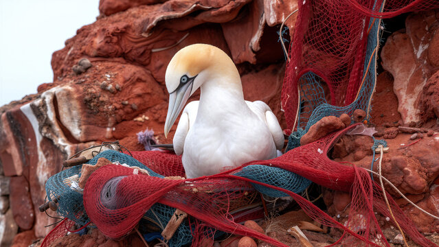 Northern gannet nesting in fishing nets on rocks