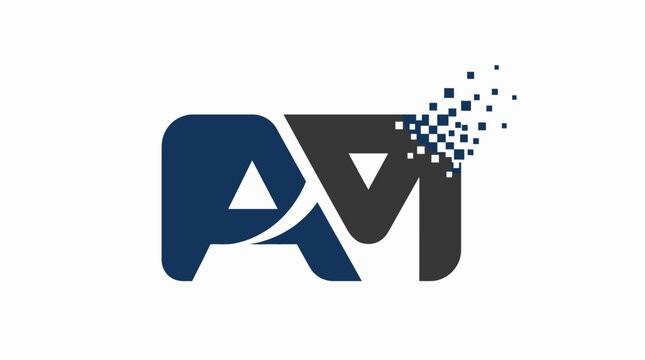 Blue pixelated PM letters digital logo design.