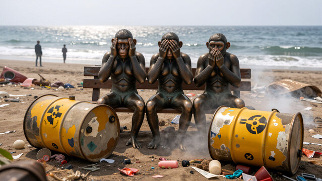 Three wise monkeys on a polluted beach