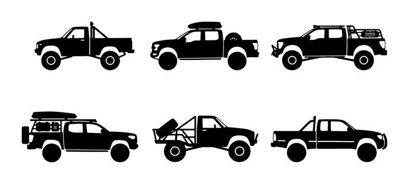 Off-road Pickup Trucks, 6 Vector Icons Set: Adventure, Expedition, Utility Vehicles