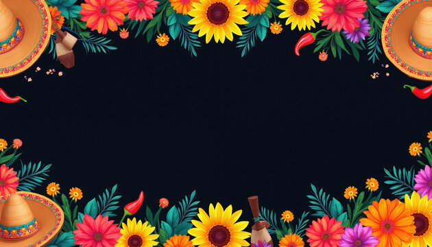 Vibrant Mexican border with sombrero hats, flowers and chilies on black background. Festive floral frame with papel picado elements and colorful nature.