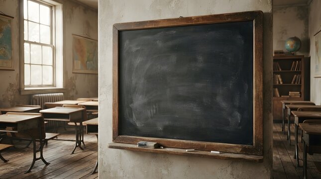 Vintage classroom with old wooden desks and large blackboard.