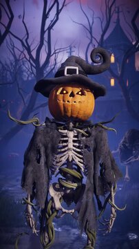 Funny 3D animation of Halloween pumpkin head skeleton talking, scaring and laughing in spooky night cemetery. Humorous talking jack o lantern character gesturing in scary foggy graveyard.