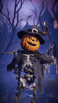 Funny 3D animation of Halloween pumpkin head skeleton talking, scaring and laughing in spooky night cemetery. Humorous talking jack o lantern character gesturing in scary foggy graveyard.