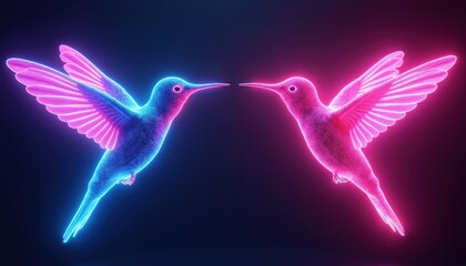 Fototapeta premium Two hummingbirds fly against dark background. Glowing neon blue, bright pink birds hover with spread wings in artistic digital composition. Vivid iridescent silhouettes shine in vibrant light. Modern