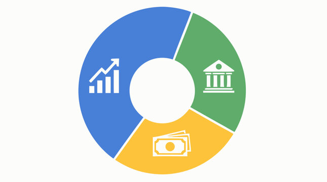 Colorful donut chart portfolio allocation vector infographic showing stocks, bonds and cash segments with growth, bank and money icons for investment planning, diversification and finance reports