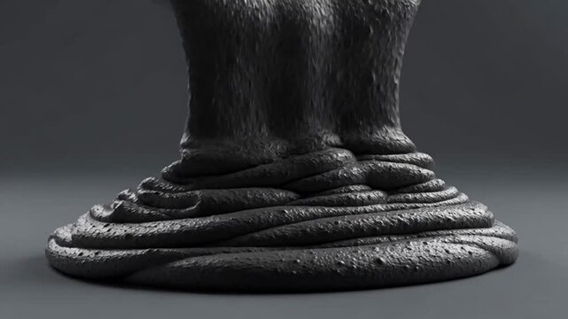 Close up of thick black viscous liquid pouring and piling up on a dark surface.