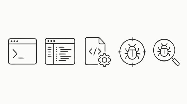 Developer tools minimalist line icon set with terminal window, code editor, source file, compiler gear, debugger target, bug scan and software testing symbols, clean editable vector illustration