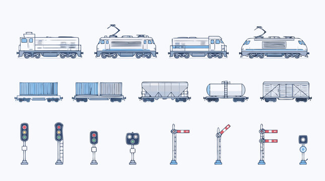 Cargo train, freight wagon and railway signal thin line icon set with locomotives, container cars, tank cars, semaphores and lights, editable stroke vector for rail logistics design and shipping maps