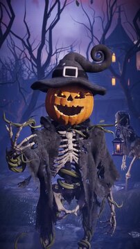 Funny 3D animation of Halloween pumpkin head skeleton talking, laughing and scaring in spooky night cemetery. Humorous Jack-o'-lantern character gesturing in scary foggy graveyard.