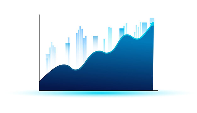 Business stock market graph with rising arrow and blue bar chart illustration on transparent background.