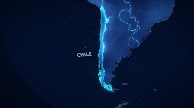 Glowing digital map highlighting Chile, South America with a neon outline and typography, ideal for a broadcast news segment or corporate presentation background.
