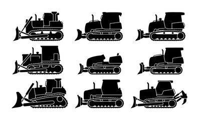 Bulldozer Vector Icons Set, Heavy Construction Machinery Silhouettes, Earthmover Equipment Collection © Boby