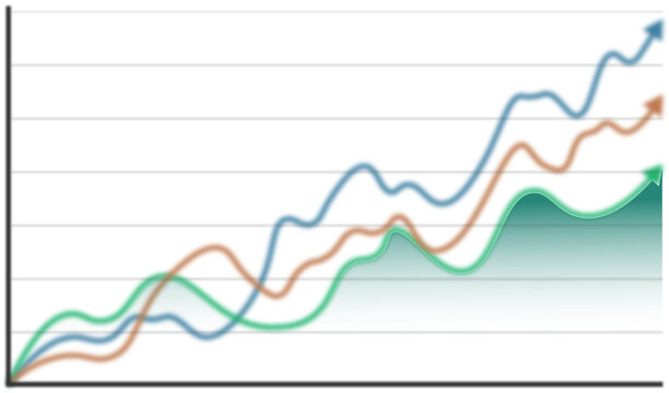 Multi-colored financial line graph with three rising arrows and grid lines on transparent background PNG.