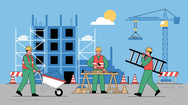 Busy construction site with workers and crane during daytime urban building project.
