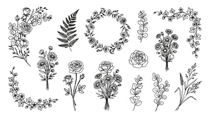 A collection of elegant handdrawn botanical illustrations featuring roses daisies ferns eucalyptus and ivy elements on a clean white background © Sujon Sharma