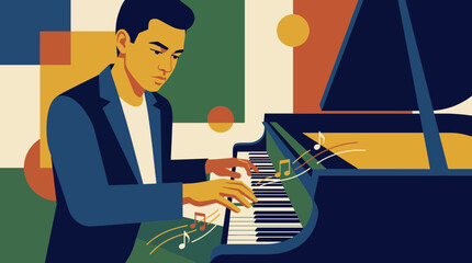 Confident Young Man Pianist Mastering Piano Techniques © Bima