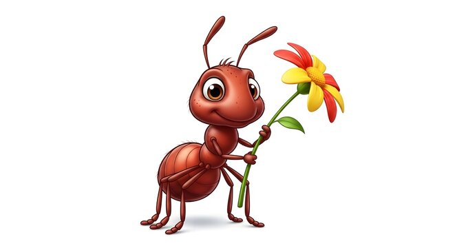 Cute cartoon ant holding a bright yellow flower with a red center on a plain white background for children and educational content