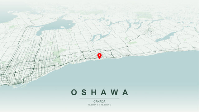 Modern minimalist vector map of Oshawa, Ontario. High-quality scalable illustration of Oshawa geographic boundaries within the Durham Region, Lake Ontario waterfront shoreline for posters design.