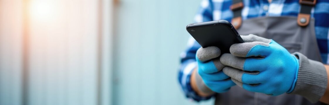 Construction worker wearing blue protective gloves uses modern smartphone at worksite. Handyman in grey uniform holds mobile device for digital communication project management. Pro builder checks