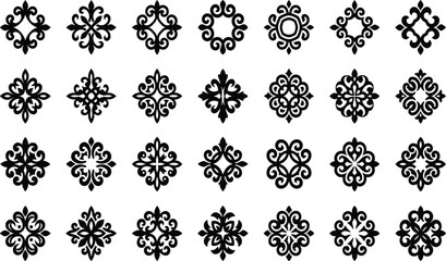 Set of traditional oriental patterns floral ornaments and kazakh national motifs black vector silhouette icons © Mst