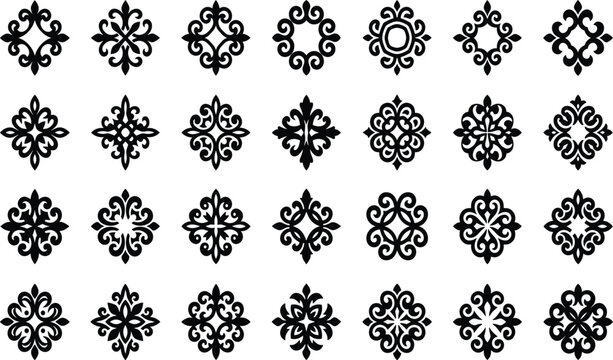 Set of traditional oriental patterns floral ornaments and kazakh national motifs black vector silhouette icons