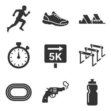 Athletic icon set featuring running, shoe, stopwatch, and 5k sign.
